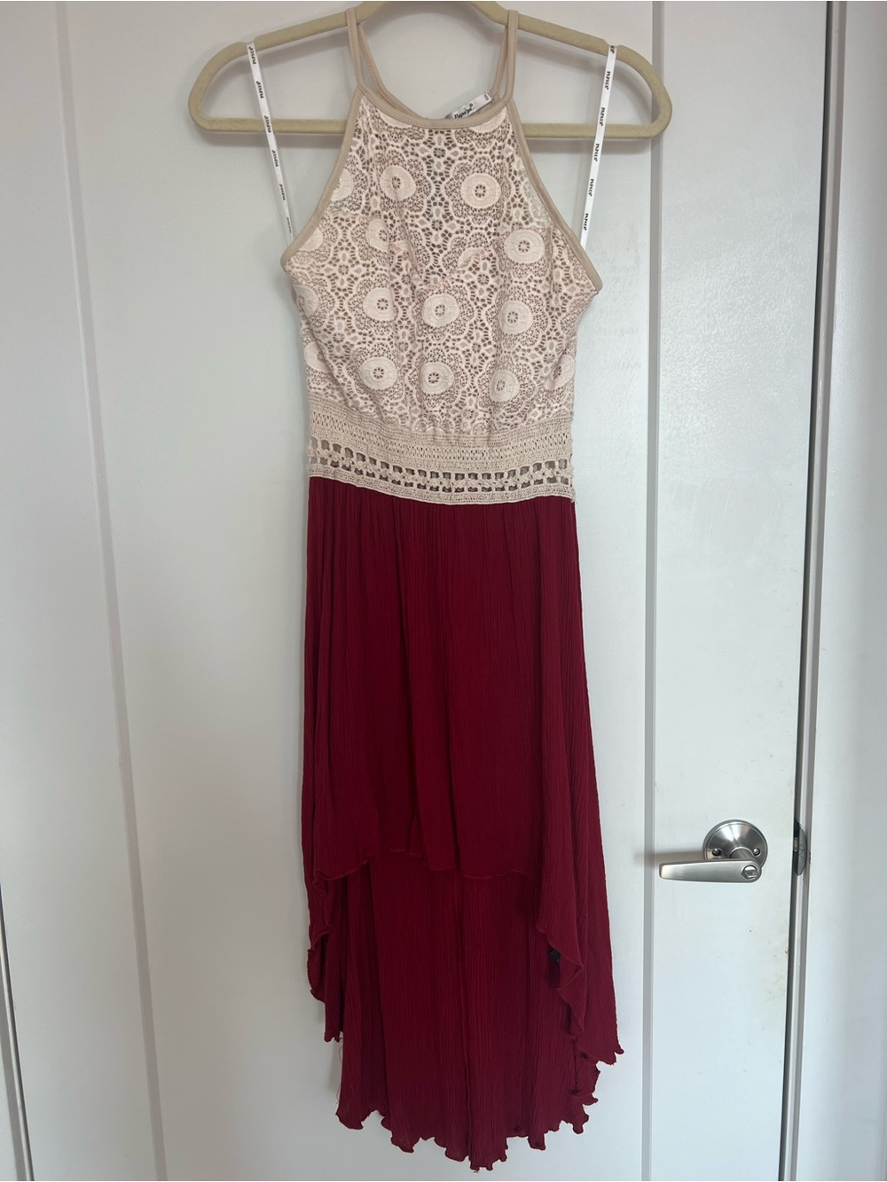 Papaya Cream Lace Halter with Burgundy High-Low Skirt